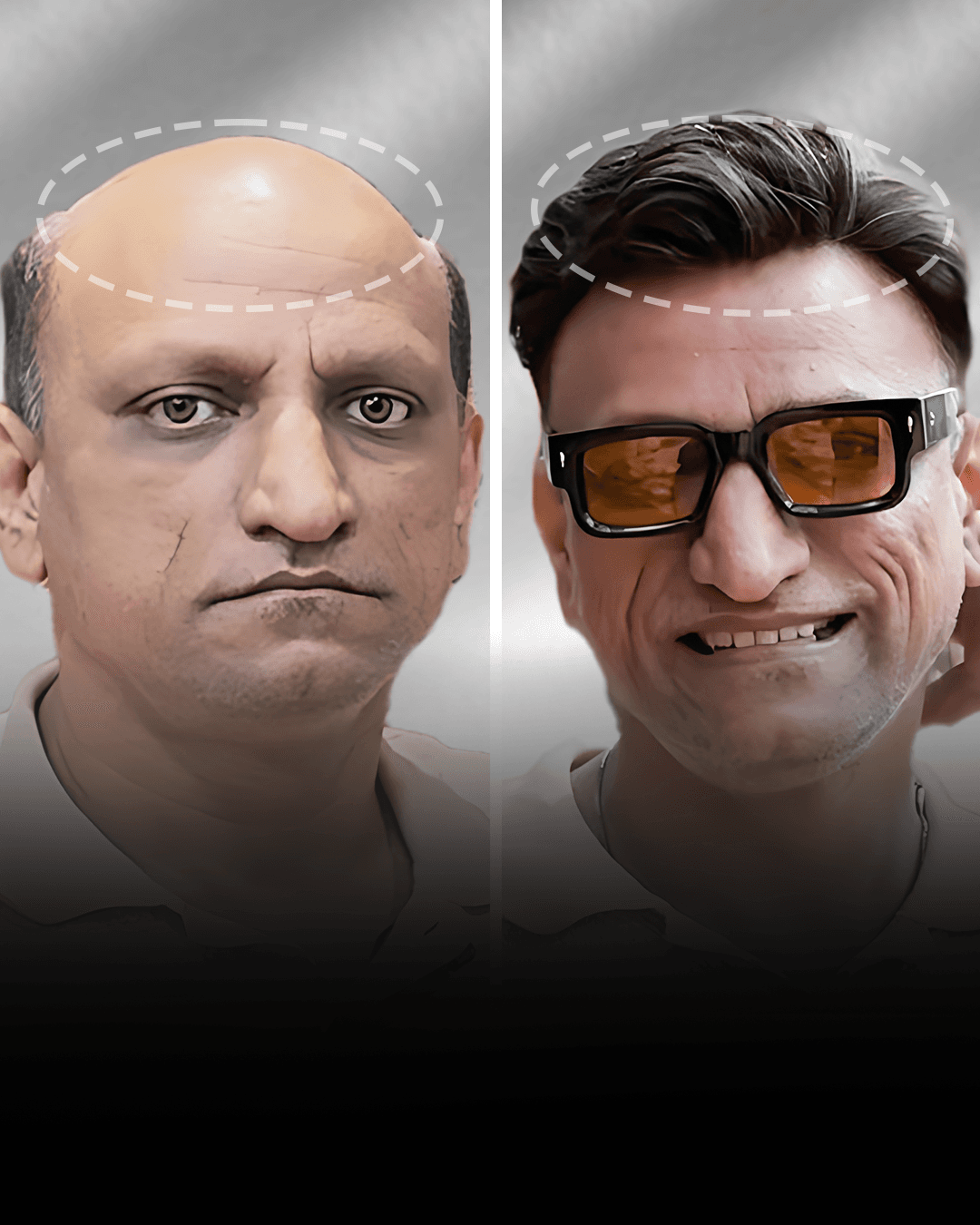 Before and after stick-on hair system result for Nikhil Pawar in the medium hair category.