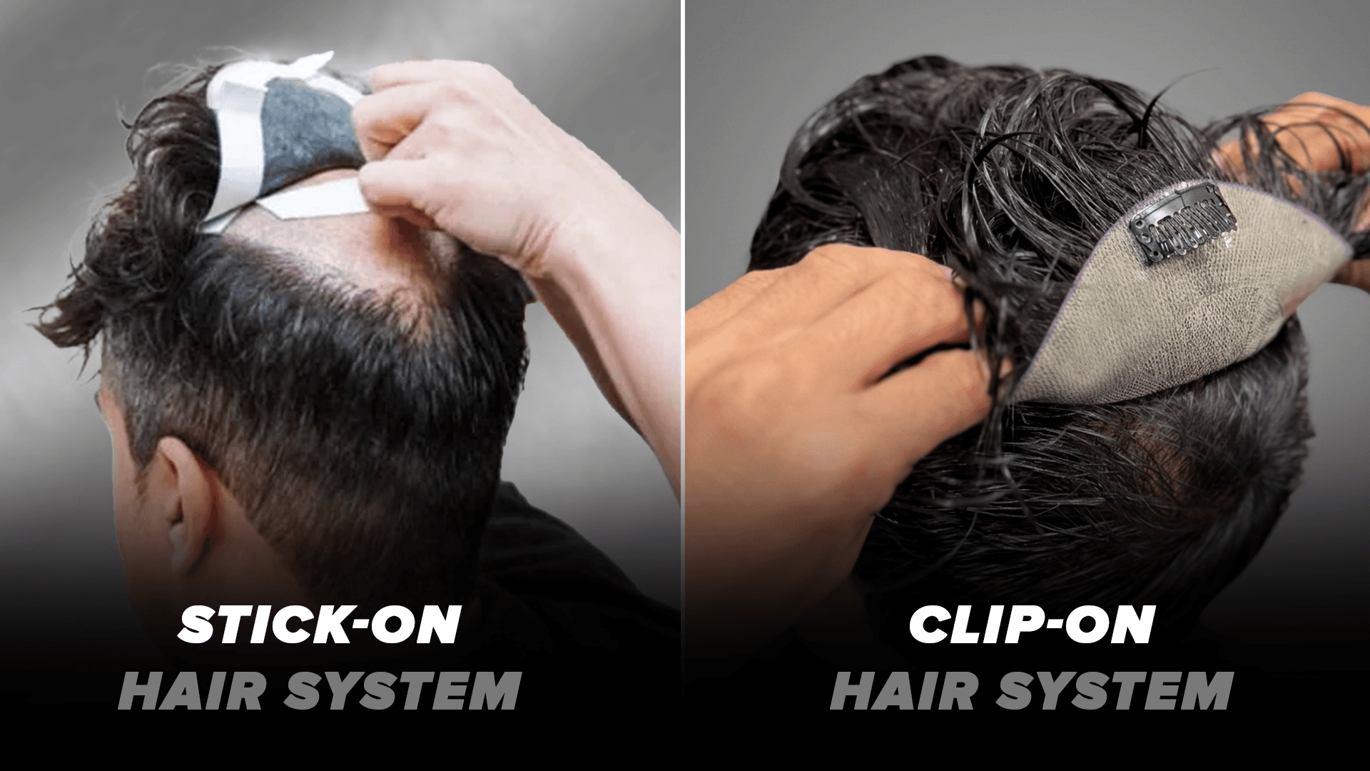 Comparison of stick-on and clip-on hair systems shown side by side.