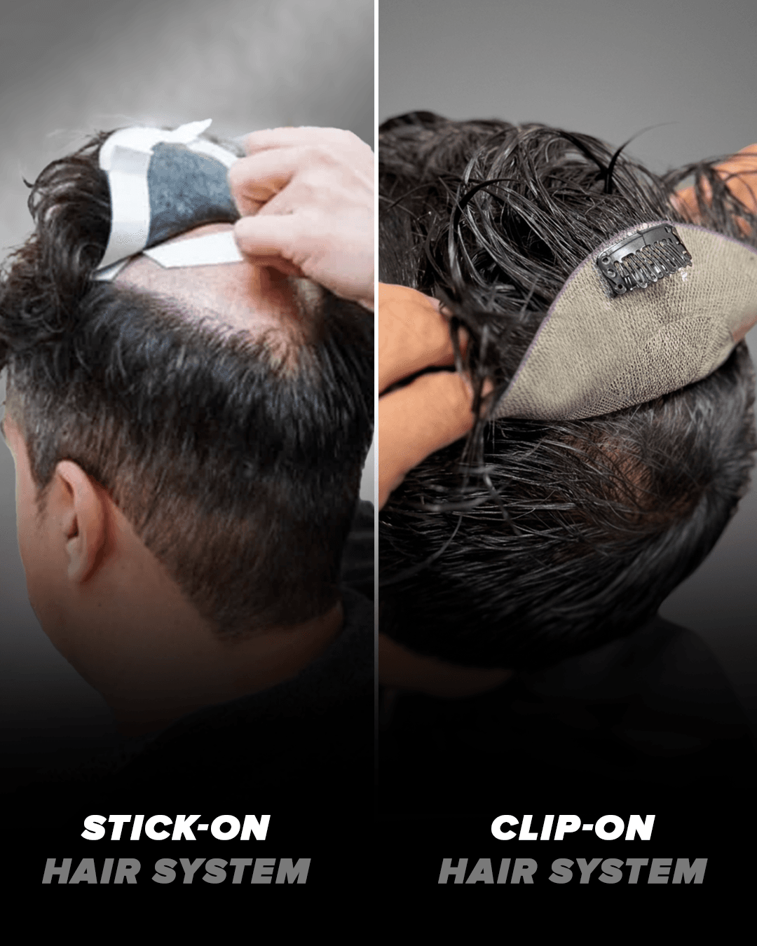 Mobile comparison of stick-on and clip-on hair systems shown side by side.