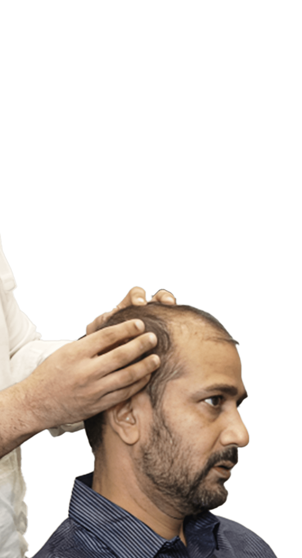 Mobile consultation step showing a specialist checking the client's scalp condition.