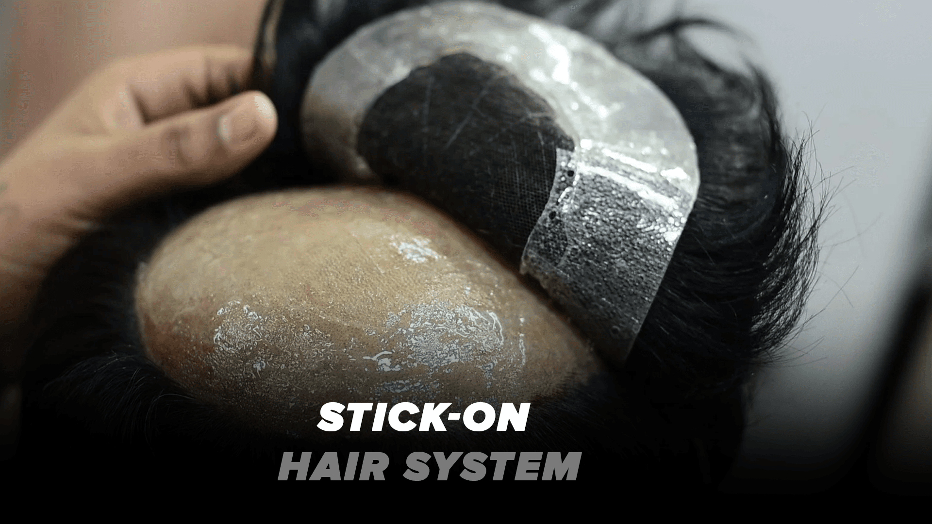 Stick-on hair system before and after transformation showing a secure natural-looking hairline.