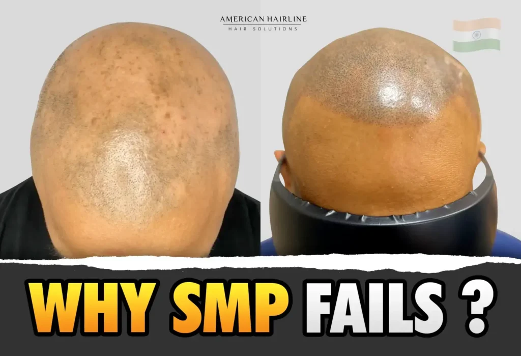 Before and after comparison of scalp micropigmentation on a bald head with the title 'WHY SMP FAILS?