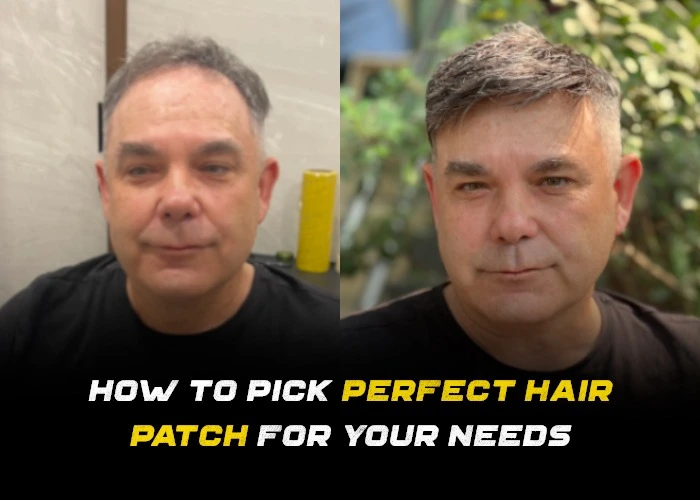 Before and after images of a man with hair loss on the left and with a natural-looking hair system on the right, showcasing the transformation. The text overlay reads 'How to Pick the Perfect Hair Patch for Your Needs' in bold, highlighting the topic of the blog post.