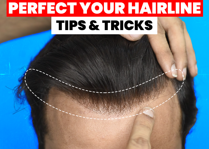 Close-up of a man's hairline being adjusted by hands, with dotted lines highlighting the hairline. The text 'Perfect Your Hairline Tips & Tricks' is displayed at the top in red and black. The background is bright blue, and the image appears to provide advice or guidance on achieving a perfect hairline with hair systems.