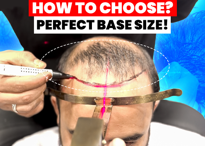 Close-up of a man having his head measured for a hair patch base size. A measuring tool is placed on his forehead, while a technician marks his scalp with a red pen. Dotted lines outline the area where the hair patch will be applied. The text at the top reads 'How to Choose? Perfect Base Size!' in bold red and black fonts. The background features a bright blue design, emphasizing the focus on choosing the right base size for a hair patch.