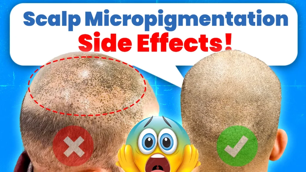 Image comparing scalp micropigmentation results, with one side showing potential side effects like blotchy pigmentation and the other side showing a smooth, successful outcome. A shocked emoji and warning icons emphasize the importance of understanding side effects.