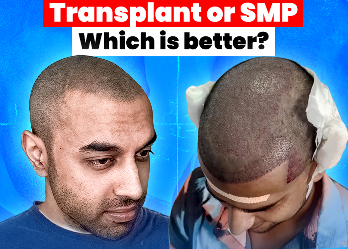 Comparison image showing two men with shaved heads, one with Scalp Micropigmentation (SMP) on the left and the other post-hair transplant on the right, with the text overlay 'Transplant or SMP: Which is better?