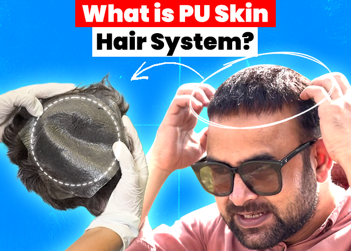 Man wearing sunglasses demonstrating a PU skin hair system application while a gloved hand holds a hair system patch. Text reads: 'What is PU Skin Hair System?' with an illustration of the hair system process.