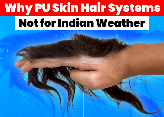 A hand holding a PU skin hair system with the text 'Why PU Skin Hair Systems Not for Indian Weather' displayed above. The image highlights the unsuitability of PU skin hair systems for India's hot and humid climate.