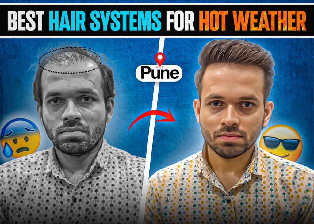 A side-by-side transformation image showing a man before and after using a hair system. On the left, the man appears with visible hair loss, looking worried, accompanied by a sad emoji. On the right, he has a full head of hair, looking confident and stylish, with a sunglasses emoji. The text reads, "Best Hair Systems for Hot Weather" with "Pune" marked by a location pin on a blue background.