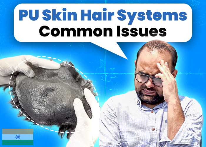 A man touching his forehead with a concerned expression, next to a close-up of a PU skin hair system held by gloved hands. The text above reads, 'PU Skin Hair Systems Common Issues' in bold letters.