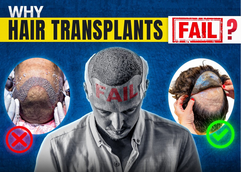 A graphic showcasing the failure of hair transplants, with a central image of a man whose head has "FAIL" written on his scalp. On the left, a close-up of a poorly executed hair transplant with a red "X" symbol. On the right, a non-surgical hair replacement being applied, highlighted with a green checkmark. The bold text reads, "Why Hair Transplants Fail?" on a blue background with yellow and white accents.