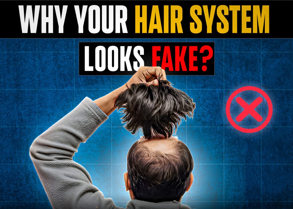 A man seen from the back lifting his hair system to reveal a bald scalp underneath. The image includes bold text reading, "Why Your Hair System Looks Fake?" on a blue textured background with a red "X" symbol on the right, indicating a problem.