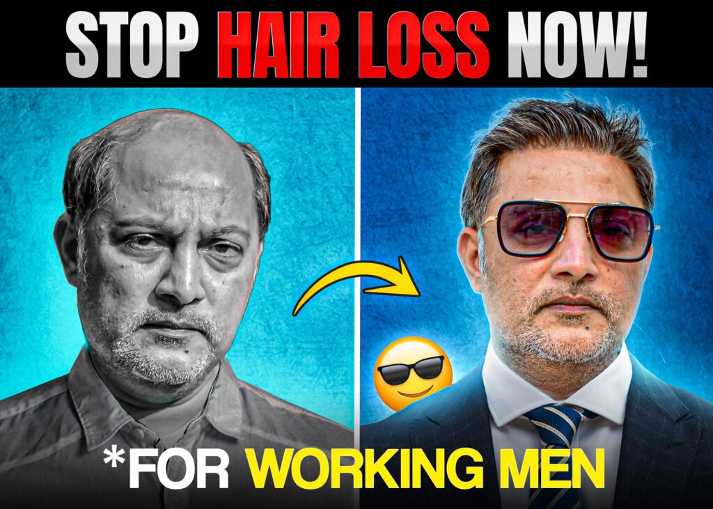 A side-by-side transformation image showing a man dealing with hair loss on the left, looking somber, and the same man on the right with a full head of hair, styled confidently, wearing sunglasses and a suit. The bold text reads, "Stop Hair Loss Now! *For Working Men" with a vibrant blue background.