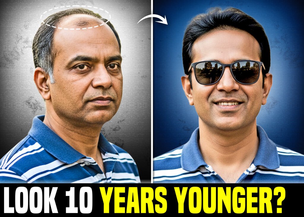 Before-and-after image of a middle-aged man showing hair transformation — on the left, visible baldness and thinning at the crown; on the right, fuller hair and confident smile with sunglasses. Text overlay reads “Look 10 Years Younger?