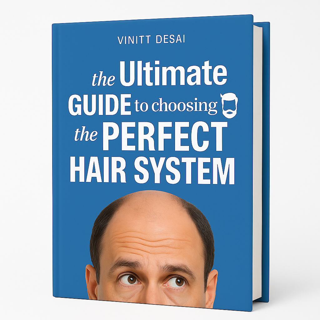 Hardcover book titled "The Ultimate Guide to Choosing the Perfect Hair System" by Vinitt Desai, featuring a partially bald man looking up at the title.