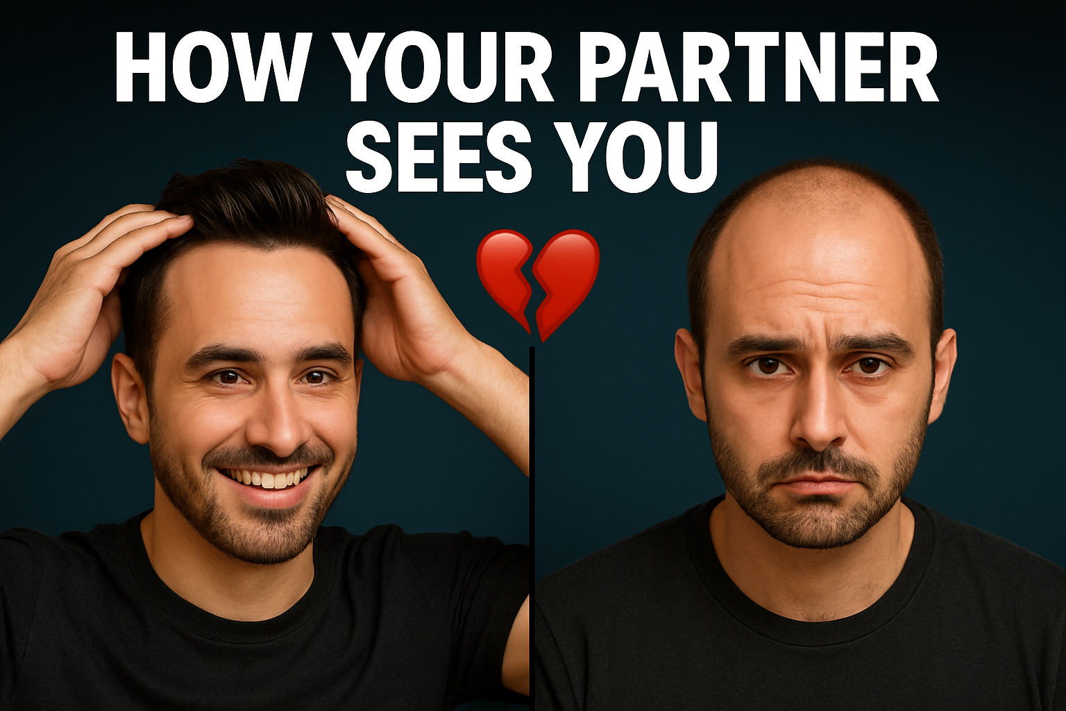 Split-screen thumbnail showing a man with full, healthy hair smiling confidently on the left, and the same man with visible hair loss looking serious on the right, separated by a broken heart emoji with the bold headline text 'How Your Partner Sees You' above.