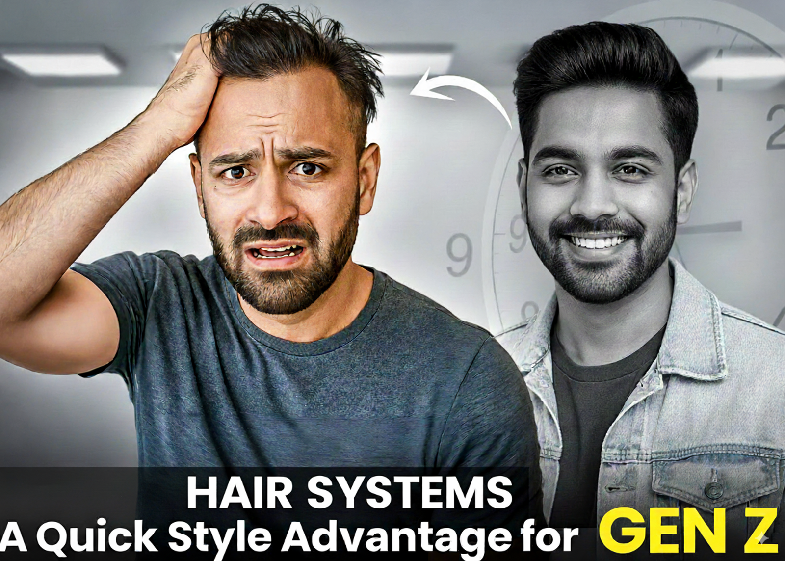 Gen Z hair system transformation – before after results showing instant style upgrade for young men with thinning hair.