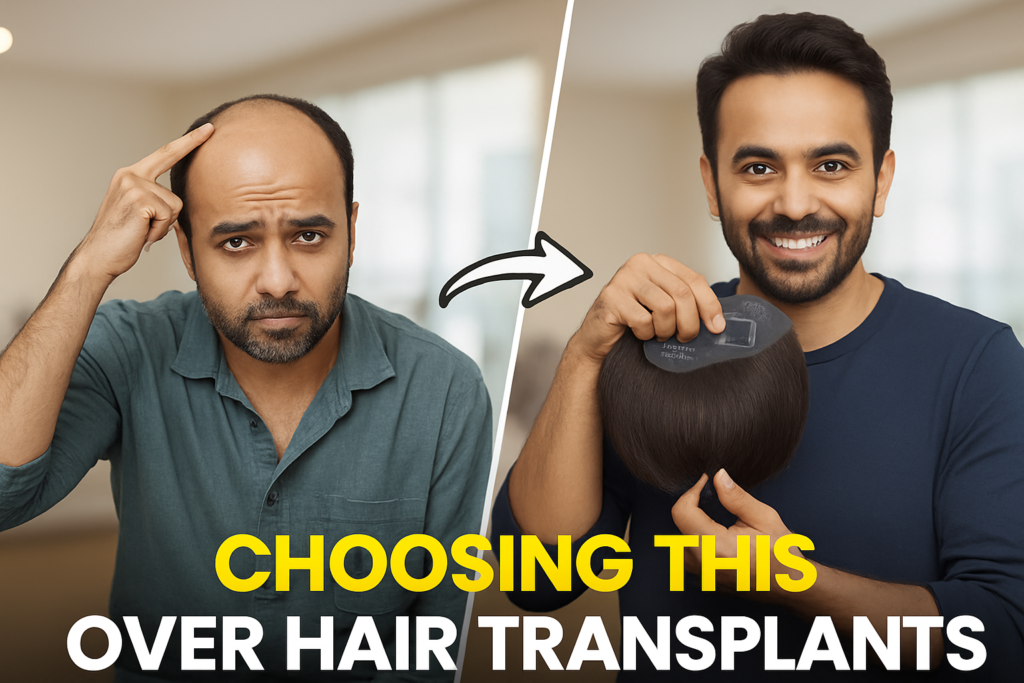 Hair loss solution before and after – man with baldness compared to full hair using non-surgical hair system patch with clips. Choosing hair system over hair transplant.