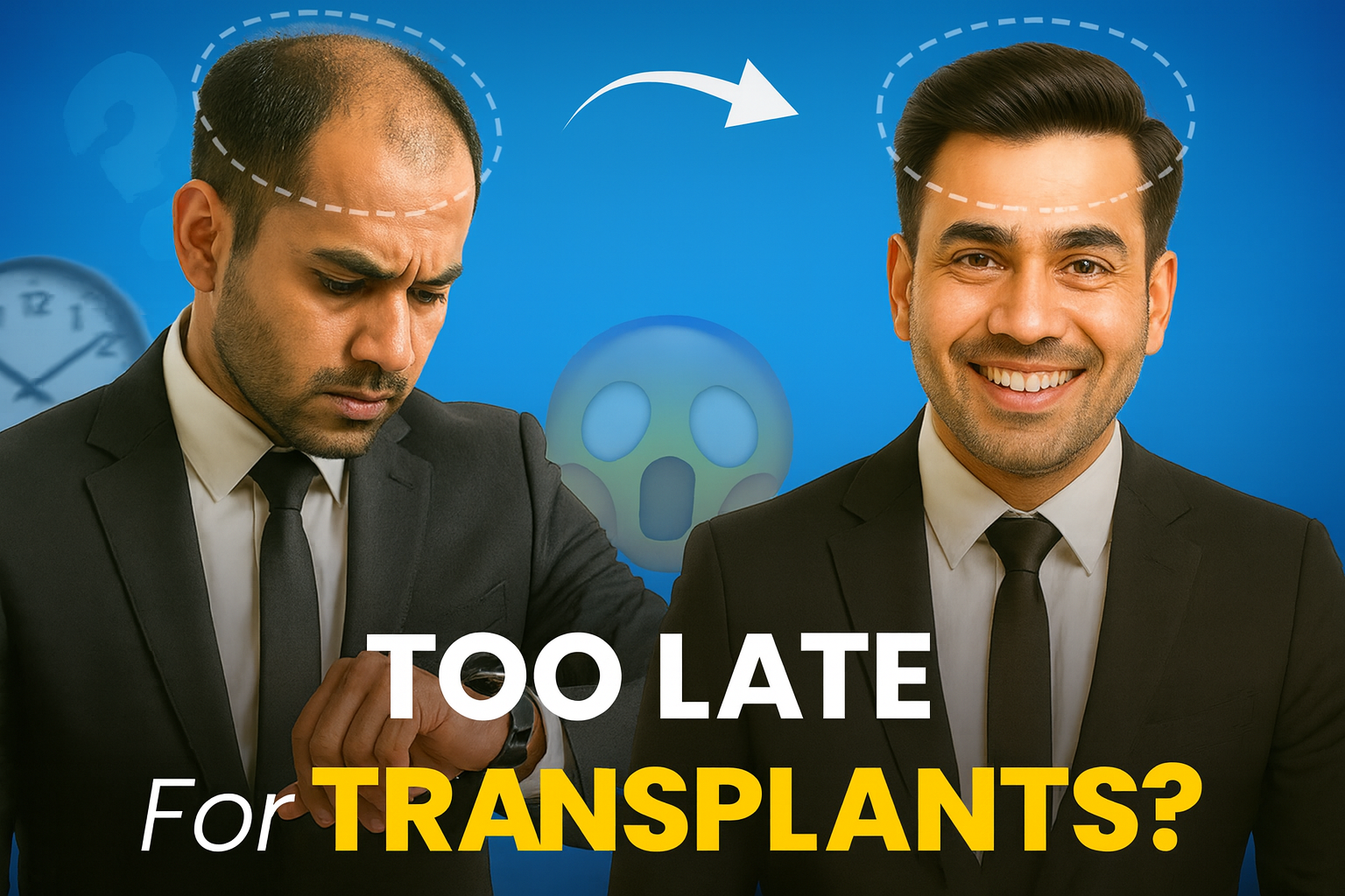 Before and after image of a man comparing baldness and full hair after a non-surgical hair restoration, showing the transformation with the headline “Too Late for Transplants?” on a blue background, representing hair loss solutions for professionals.
