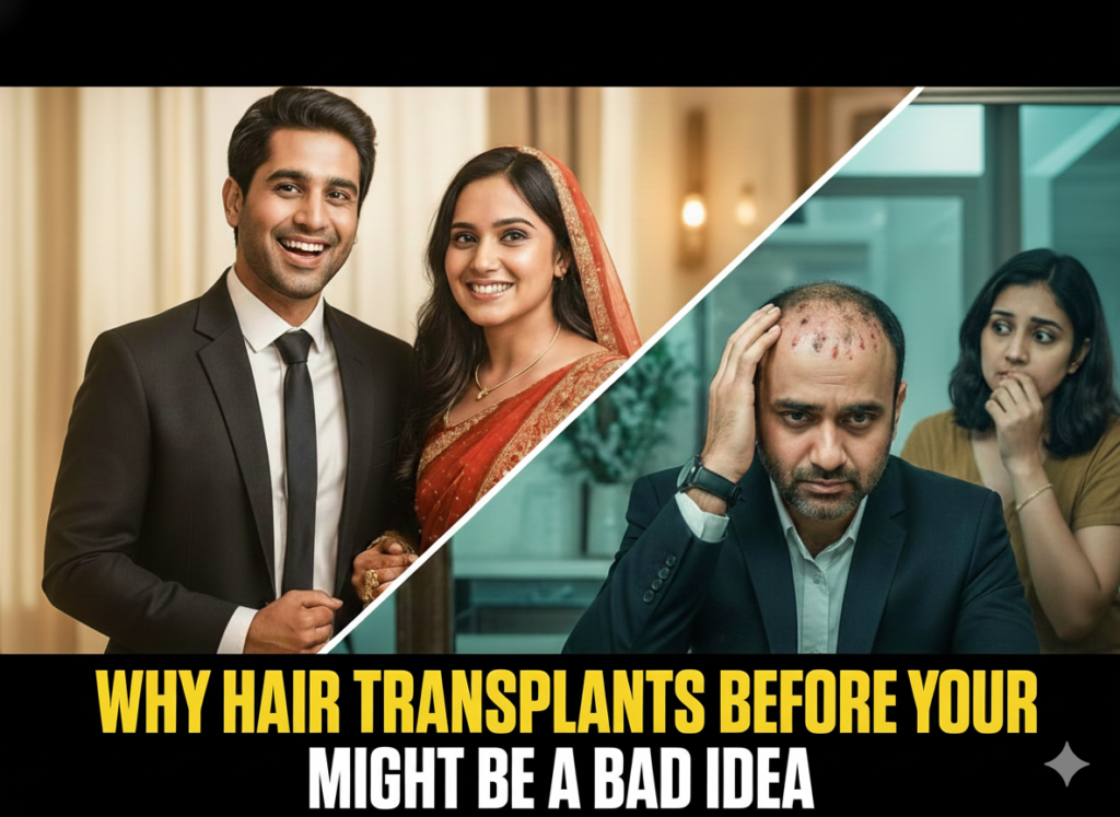 Wedding couple vs. failed hair transplant — thumbnail for blog titled Why Hair Transplants Before Your Wedding Might Be a Bad Idea. Shows happy groom and bride on one side, and man with transplant scars on the other.