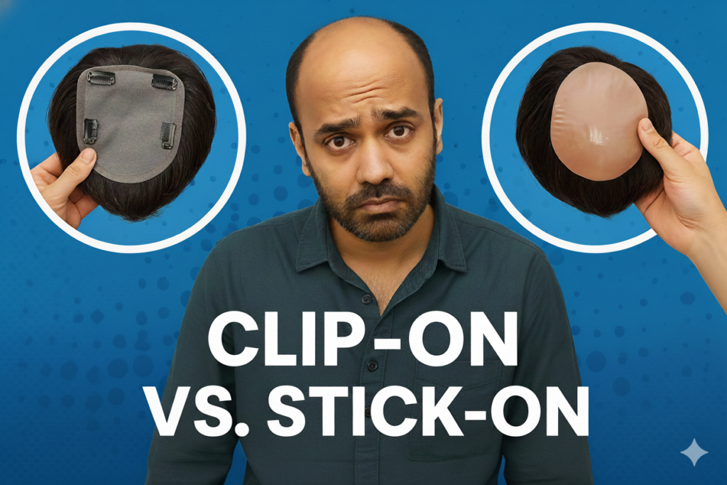 Confused Indian man comparing clip-on vs stick-on hair patches for men’s hair replacement against a blue background.