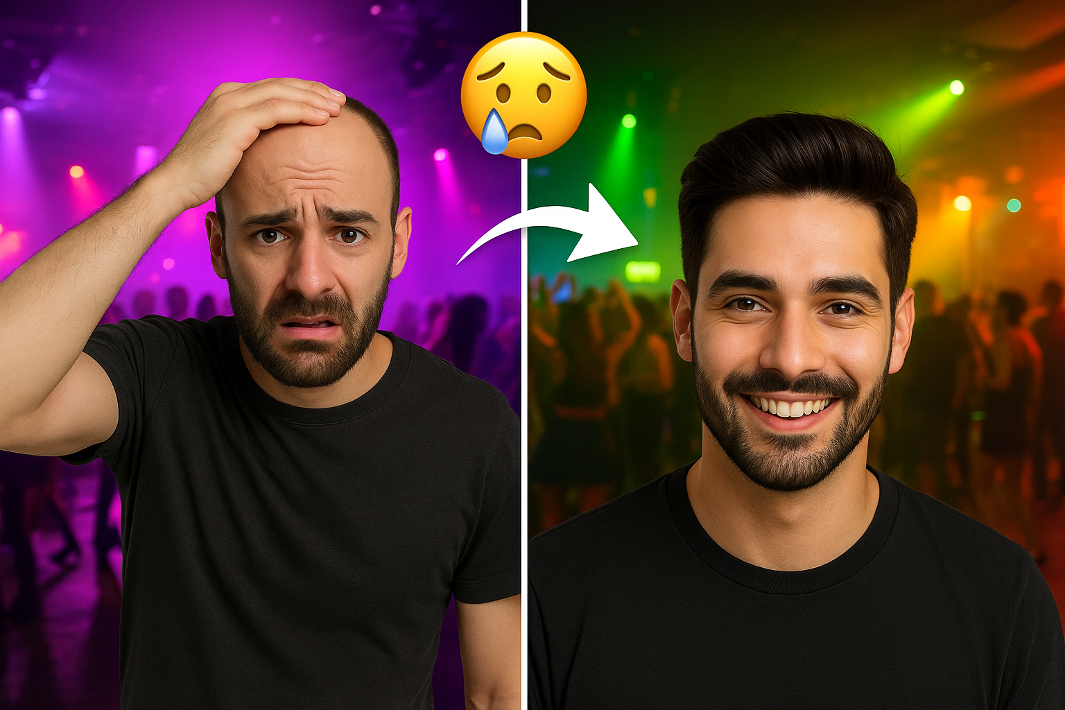 Man before and after using a clip-on hair system at a nightclub. Left side shows a bald man looking worried under purple and pink lights. Right side shows the same man with a full head of hair and a confident smile under green and orange lights. The transformation is highlighted with a white arrow, showcasing the effectiveness of clip-on hair systems for a quick hair makeover.