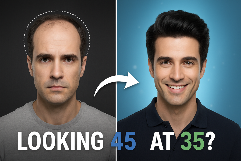 Before and after hair restoration — man with thinning hair vs. fuller hair, text reads ‘Looking 45 at 35?’ showing non-surgical hair system results.