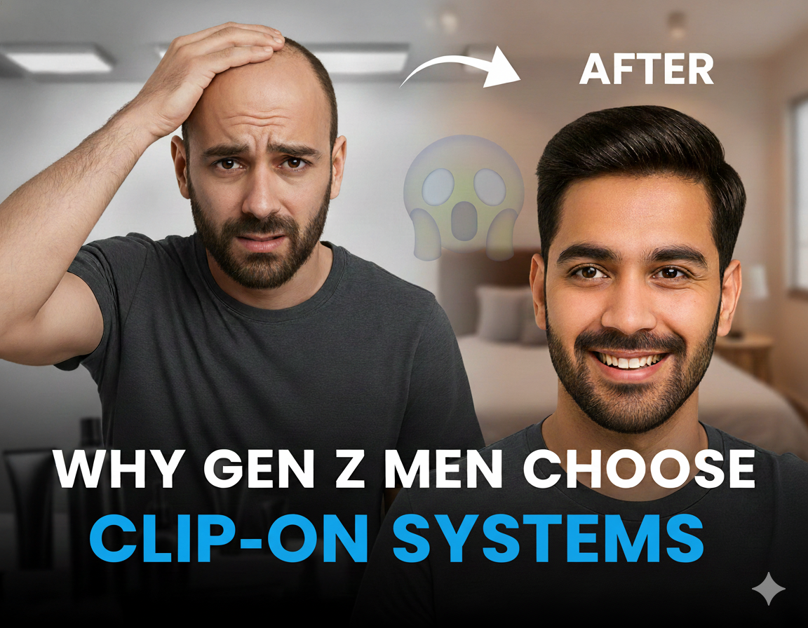 Before and after transformation showing Gen Z men choosing clip-on hair systems for a natural, fuller look. The left side features a man with visible hair thinning, and the right side shows the same man with a styled, thick hairline, demonstrating the confidence boost and immediate results from using clip-on systems.