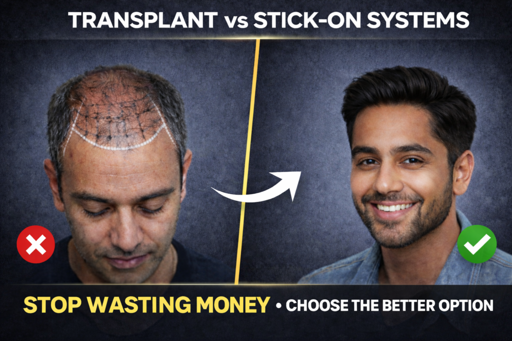 Hair transplant vs stick-on hair system comparison showing patchy transplant results versus a full, natural-looking non-surgical hair system.