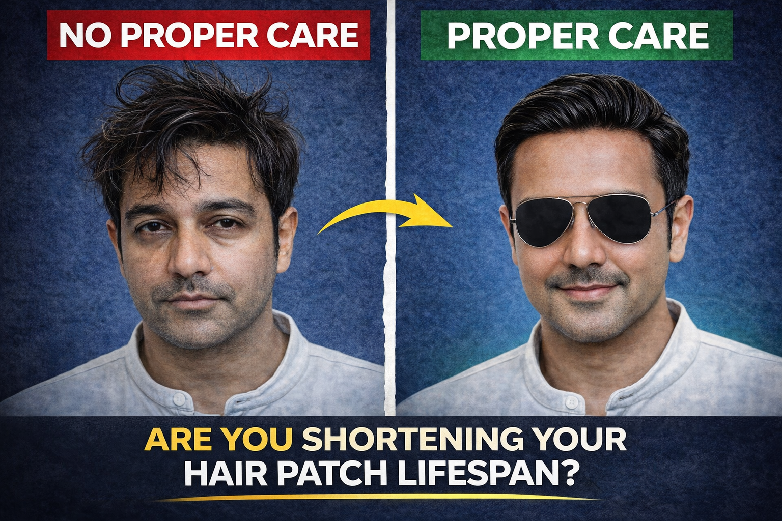 Hair patch comparison showing poor care vs proper care with a before-after transformation.