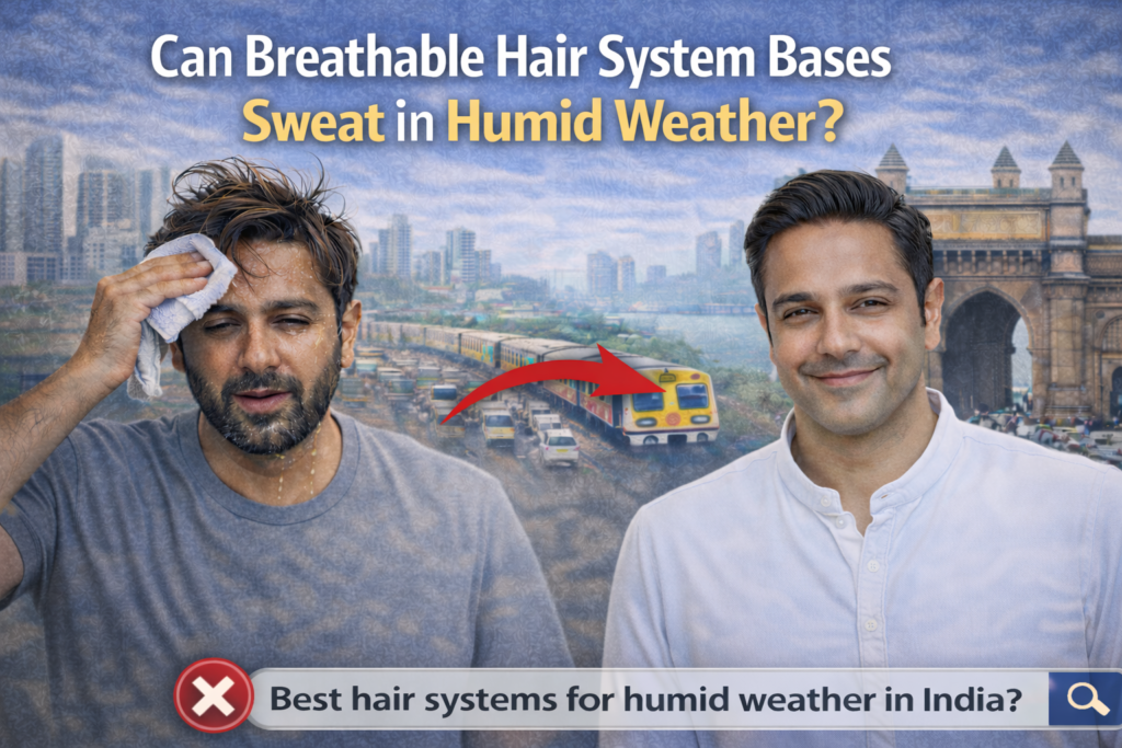 Side-by-side comparison of a sweaty man struggling in Mumbai’s humid weather and the same man looking fresh and confident after using a breathable hair system base, with Gateway of India and Mumbai local train in the background. Text on top reads: ‘Can Breathable Hair System Bases Reduce Sweat in Humid Weather?’ and a red arrow shows the improvement, with a search bar at the bottom asking ‘Best hair systems for humid weather in India?