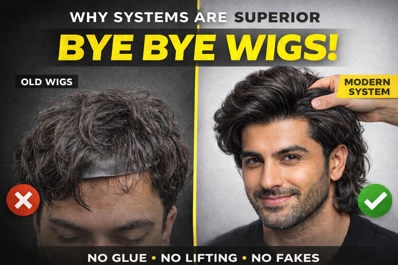 Comparison of an old synthetic wig and a modern hair system, showing a natural hairline, realistic movement, and seamless fit, explaining why modern hair systems look nothing like wigs.