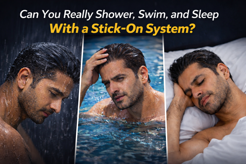 Three side-by-side images of a man confidently wearing a stick-on hair system while showering, swimming in a pool, and sleeping, demonstrating the durability and 24/7 lifestyle compatibility of stick-on hair patches.