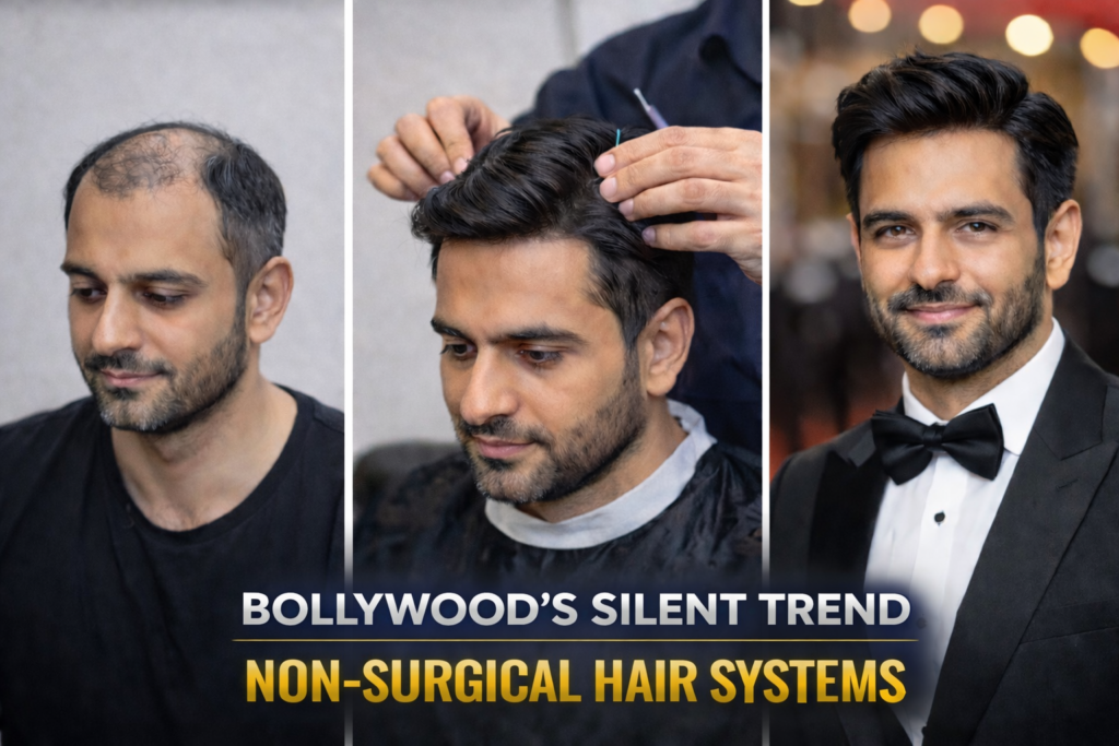 Triptych image showing a man’s hair transformation using a non-surgical hair system — before with receding hairline, during application, and after with full styled hair in a tuxedo, with bold blue and gold text reading “Bollywood’s Silent Trend – Non-Surgical Hair Systems.