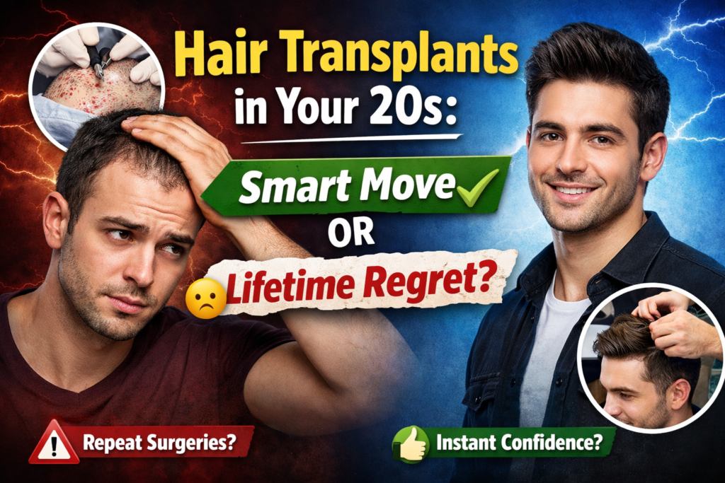 Split thumbnail showing a stressed young man with hair loss on the left and a confident man with restored hair on the right, with text: ‘Hair Transplants in Your 20s — Smart Move or Lifetime Regret?