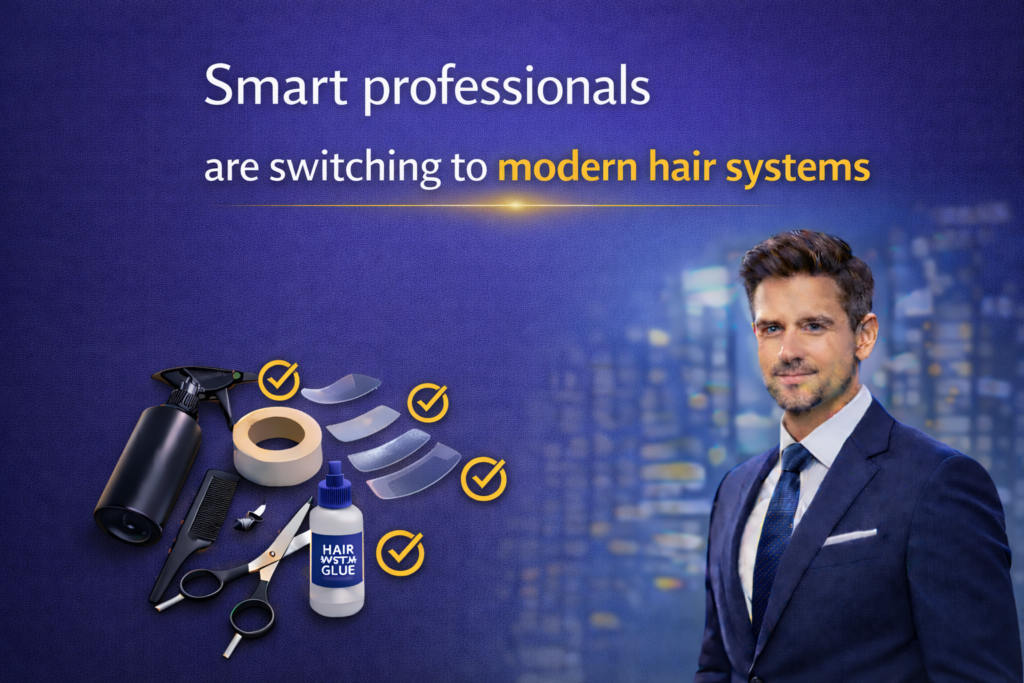 A professional promotional graphic showing a well-dressed man in a navy suit on the right, with hair system tools like scissors, tapes, glue, and a spray bottle arranged at the bottom left. The top-center text reads “Smart professionals are switching to modern hair systems” in white and gold, against a blue textured background with a blurred cityscape.