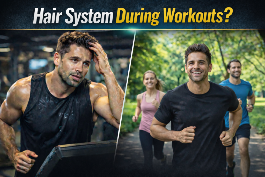 Hair system during workouts showing man sweating in gym and runners in park demonstrating active lifestyle compatibility