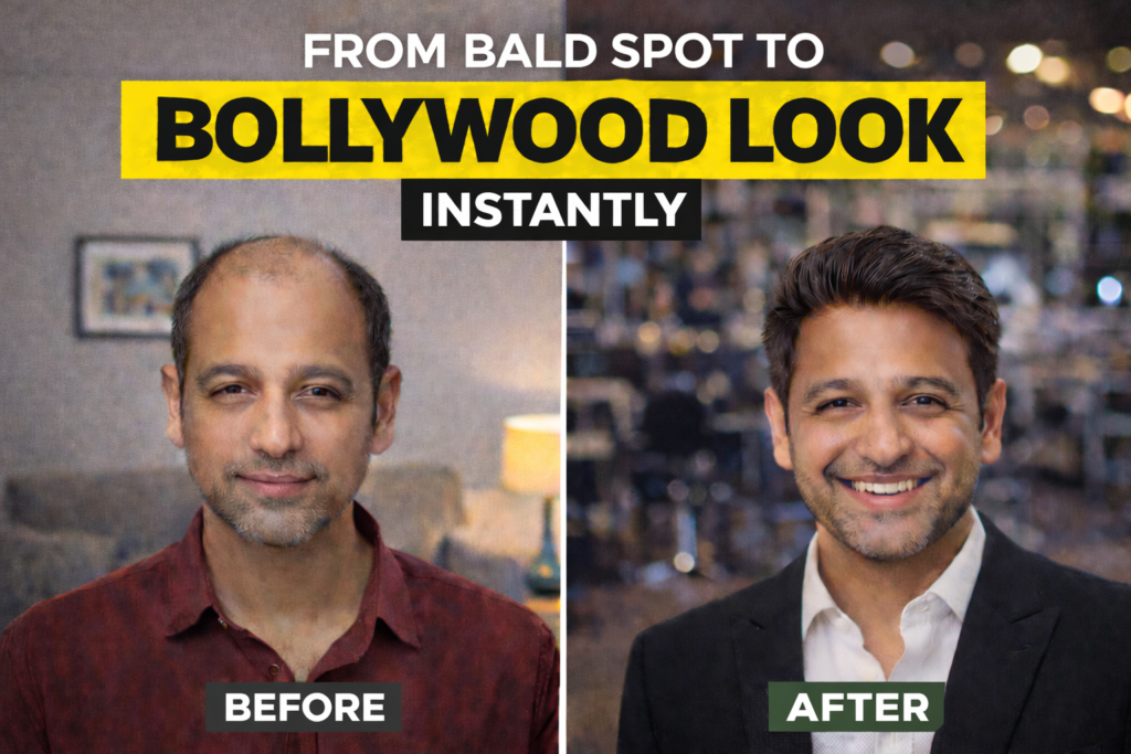 Thumbnail showing a bald-spot before image and a thick, styled Bollywood-look after image of the same man, highlighting instant volume created by clip-on hair systems.