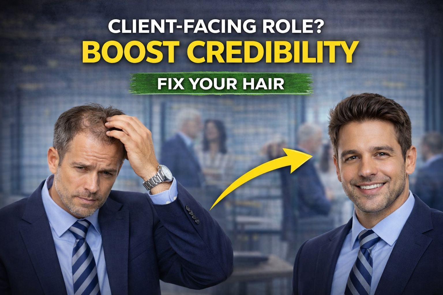 Side-by-side thumbnail of a corporate man: on the left, he looks worried while touching his thinning hair; on the right, he appears confident with full, styled hair. A yellow arrow points from the problem to the solution. Text reads “CLIENT-FACING ROLE? BOOST CREDIBILITY” and “FIX YOUR HAIR,” highlighting how improving hair can enhance professional image.