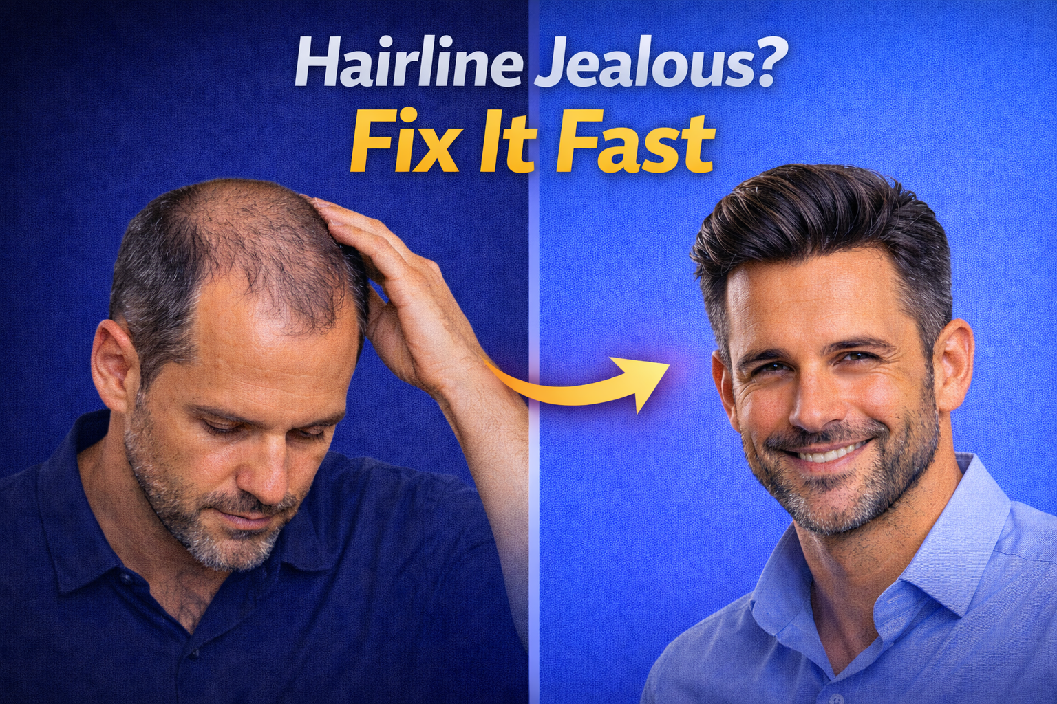 A split-screen thumbnail showing a man with thinning hair and receding hairline on the left looking down, and the same man on the right with a full, styled hairline smiling confidently, separated by a white line with text “Hairline Jealous? Fix It Fast” and a gold arrow indicating transformation.