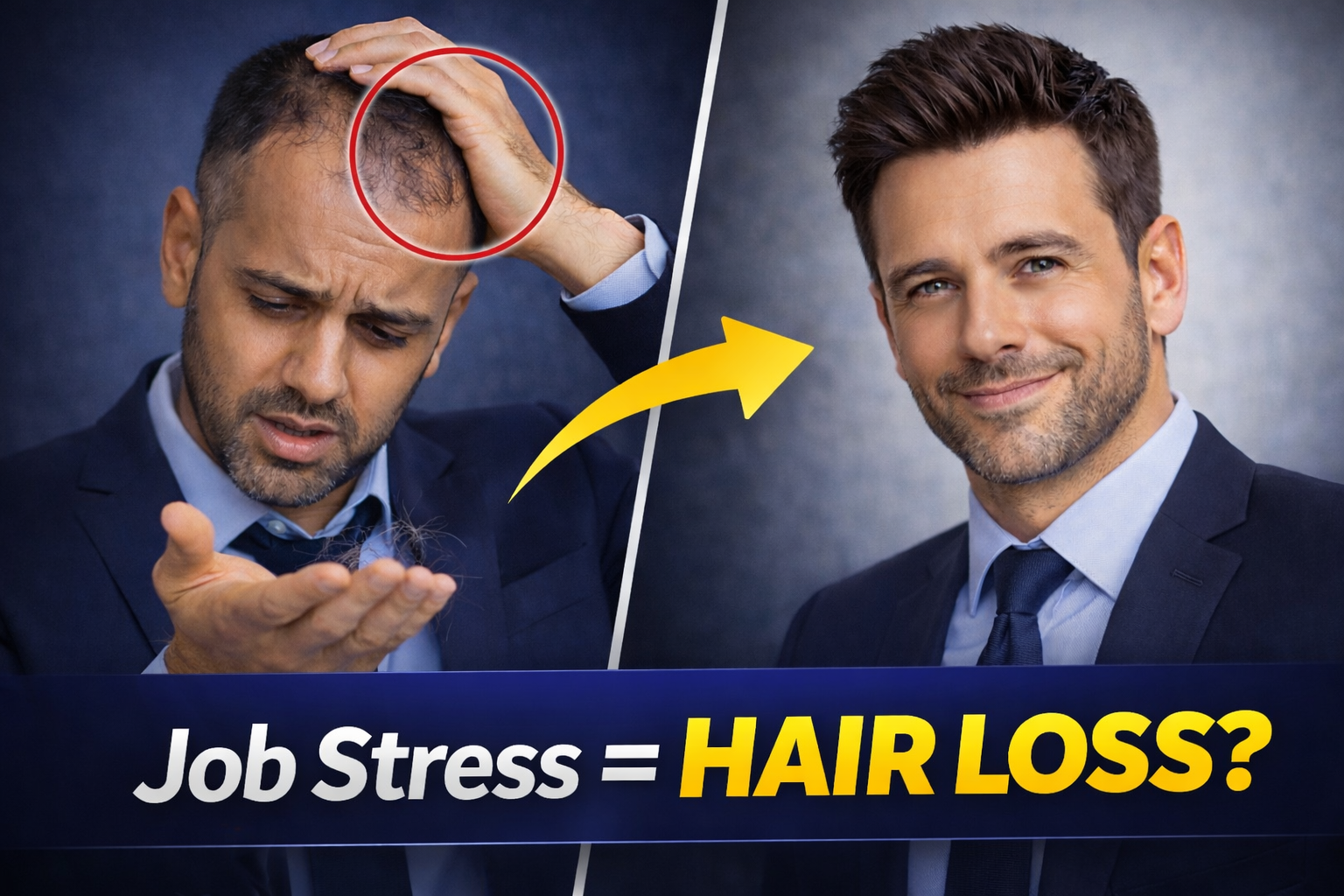 Man experiencing hair loss due to job stress on one side, contrasted with a confident man with full hair, highlighting hair transformation and professional confidence boost.