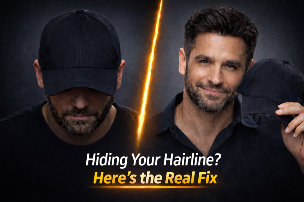 A split-image showing a man hiding his hairline with a black cap on the left and revealing a full, styled hair look on the right while holding the cap, symbolizing a hair transformation from concealment to confidence with a clean, natural appearance.