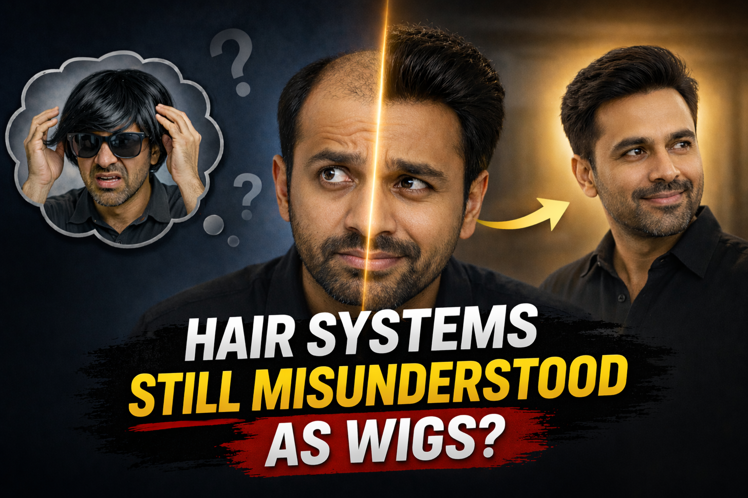 Close-up thumbnail showing an Indian man looking worried about hair loss on one side and confident with a natural-looking hair system on the other, with text highlighting why hair systems are still misunderstood as wigs.