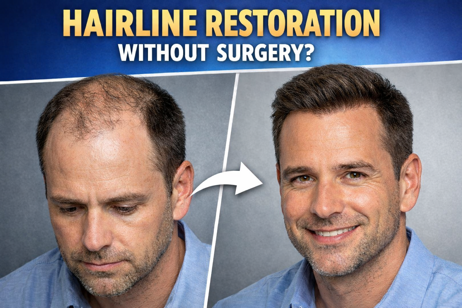 Married man with a receding hairline before and after non-surgical hairline restoration, showing a fuller and more natural-looking front hairline without surgery.