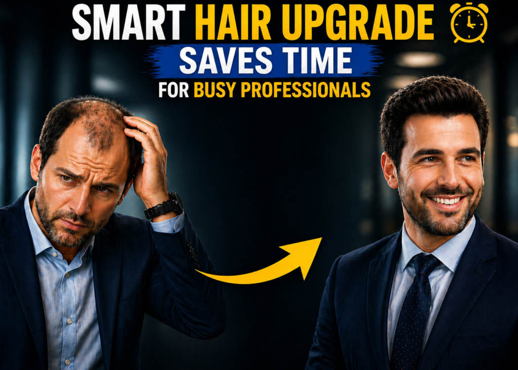 Corporate professional with thinning hair before and after a non-surgical hair transformation, showing a sharper hairline and more confident appearance.