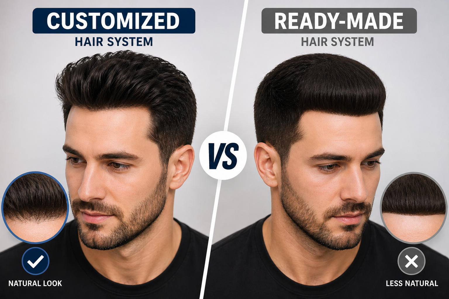 Customized hair system demonstrating natural-looking non-surgical hair replacement with seamless fit, realistic hairline, and comfortable wear compared to ready-made hair systems.