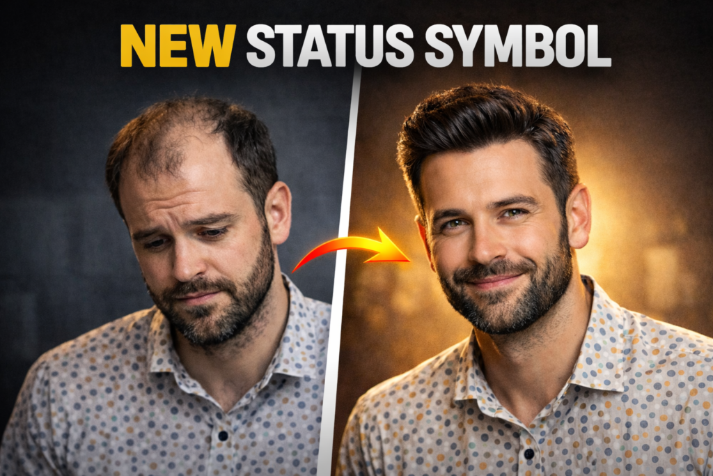Split-screen transformation showing a man with thinning hair looking down on the left and a confident man with a full hair system on the right, with a yellow-orange arrow indicating change and the text “NEW STATUS SYMBOL” above.