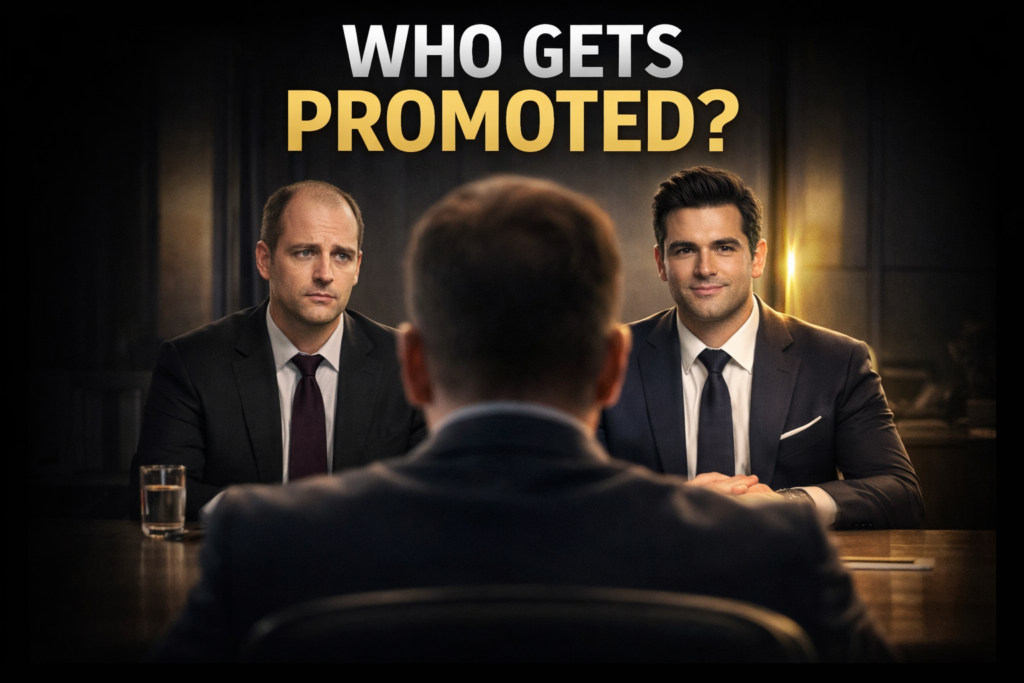 Office interview scene showing two men in formal attire sitting across a boss, with one having a receding hairline and the other a full natural hairline, highlighting the contrast in confidence and the text “Who Gets Promoted?” above.