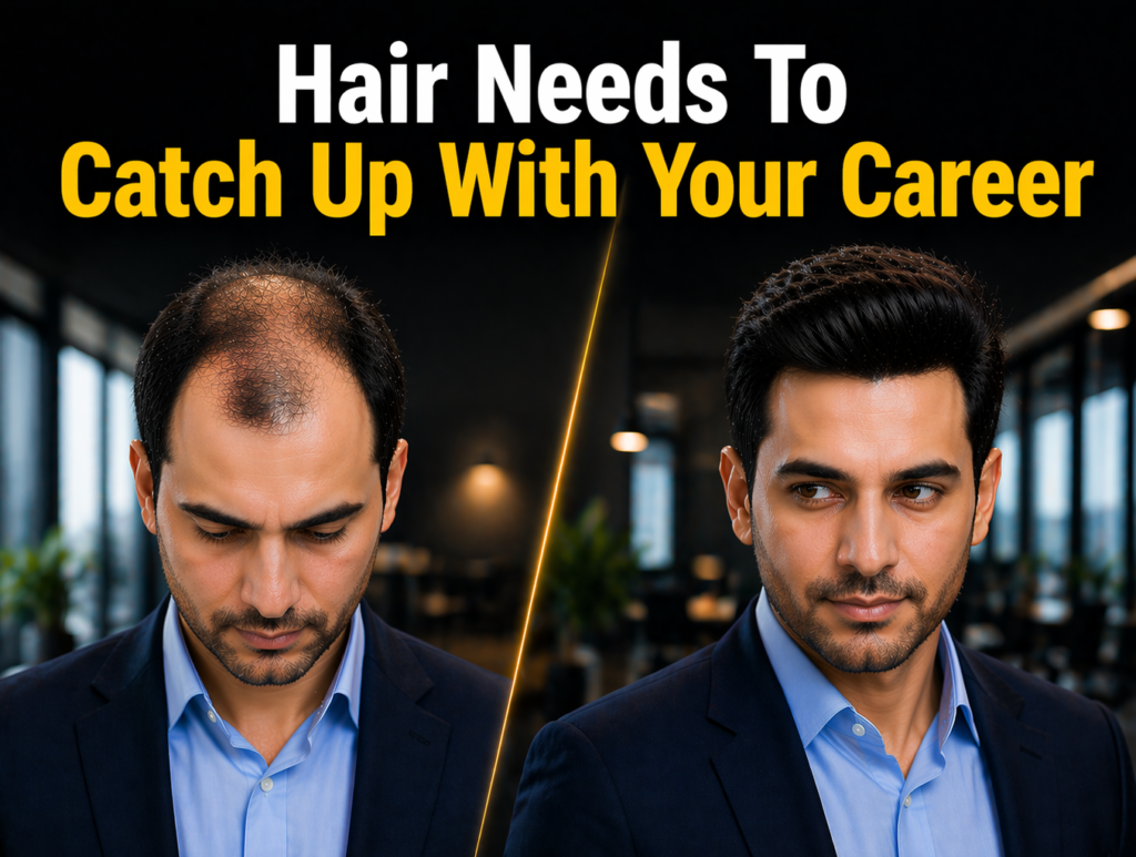 Corporate professional with thinning hair before and after a non-surgical hair transformation, showing a sharper hairline and more confident appearance.